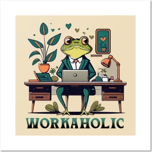 Workaholic cartoon frog Posters and Art